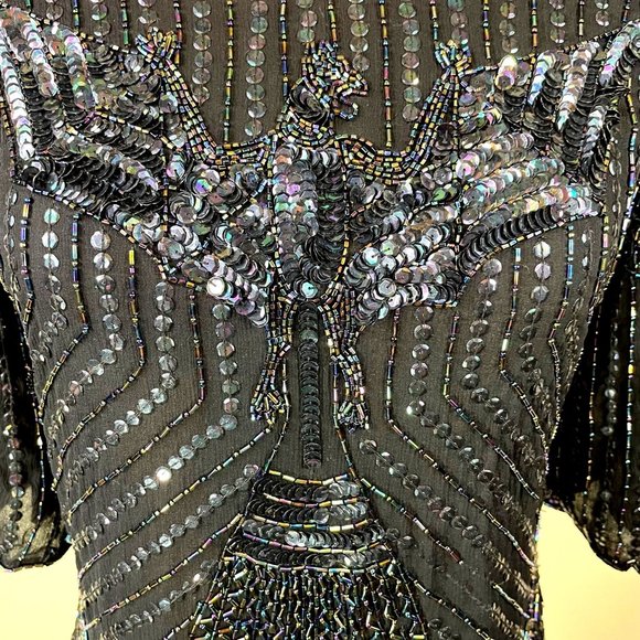 70s Vintage Le Mieux Black 100% Silk Art Deco Beaded Sequined Bat Motif Blouse - Picture 5 of 9